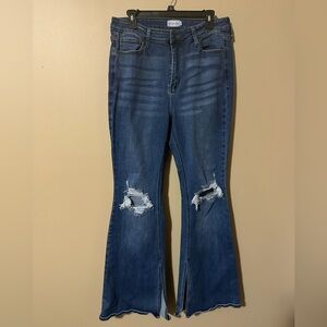 Ms Cello Dark Distressed Flare Jeans. Dakota distinctive slit at the inner leg
